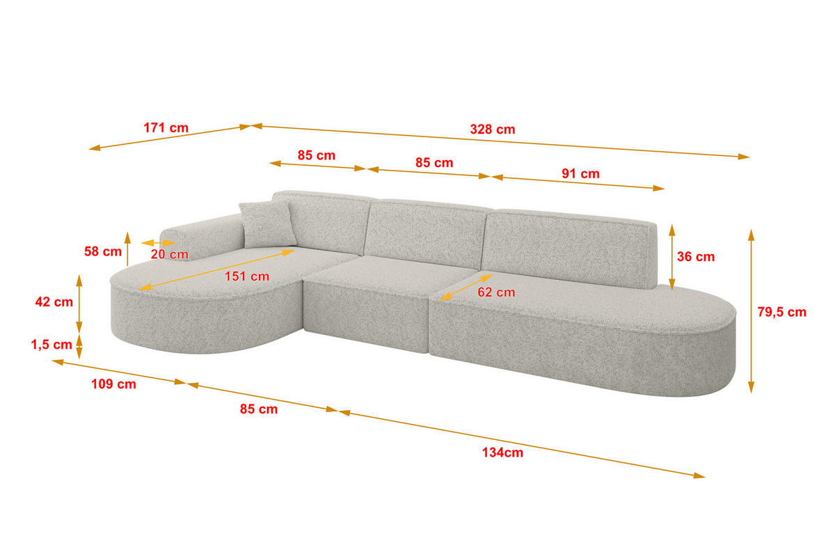 ECKSOFA Ottomane Links MARI-L2 - 328x171x79 cm Hellgrau Tissu - Hellgrau/Schwarz, Holzwerkstoff/Kunststoff (328/171cm) - ALTDECOR