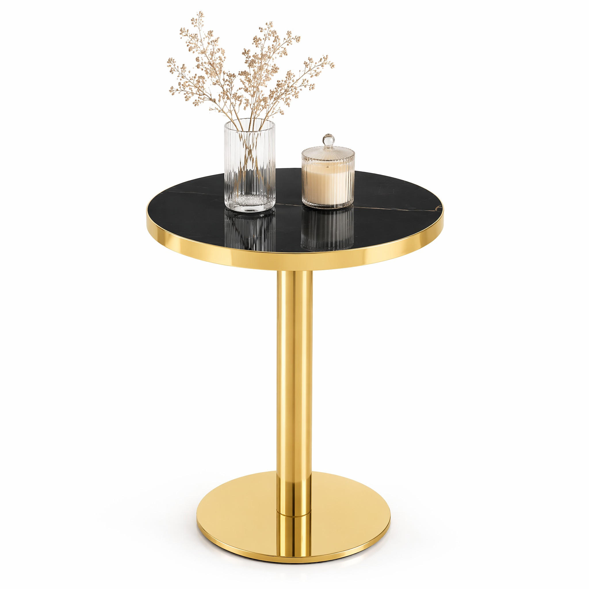 BARTISCH in Schwarz|Goldfarben Beistelltisch mit Marmoroptik-Tischplatte und Edelstahlgestell, B60/T60/H74cm - Goldfarben/Schwarz, Holzwerkstoff/Metall (59.5/59.5/73.5cm) - STILVORA