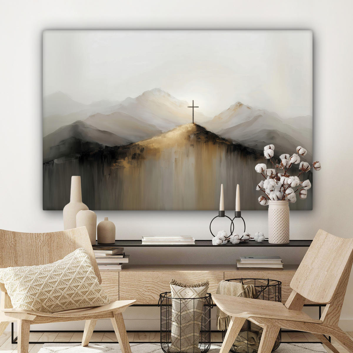 LEINWANDBILD Hügel - Abstrakt - Kreuz - Christentum Groß 140x90 cm - Beige, Textil (140/90cm) - MuchoWow