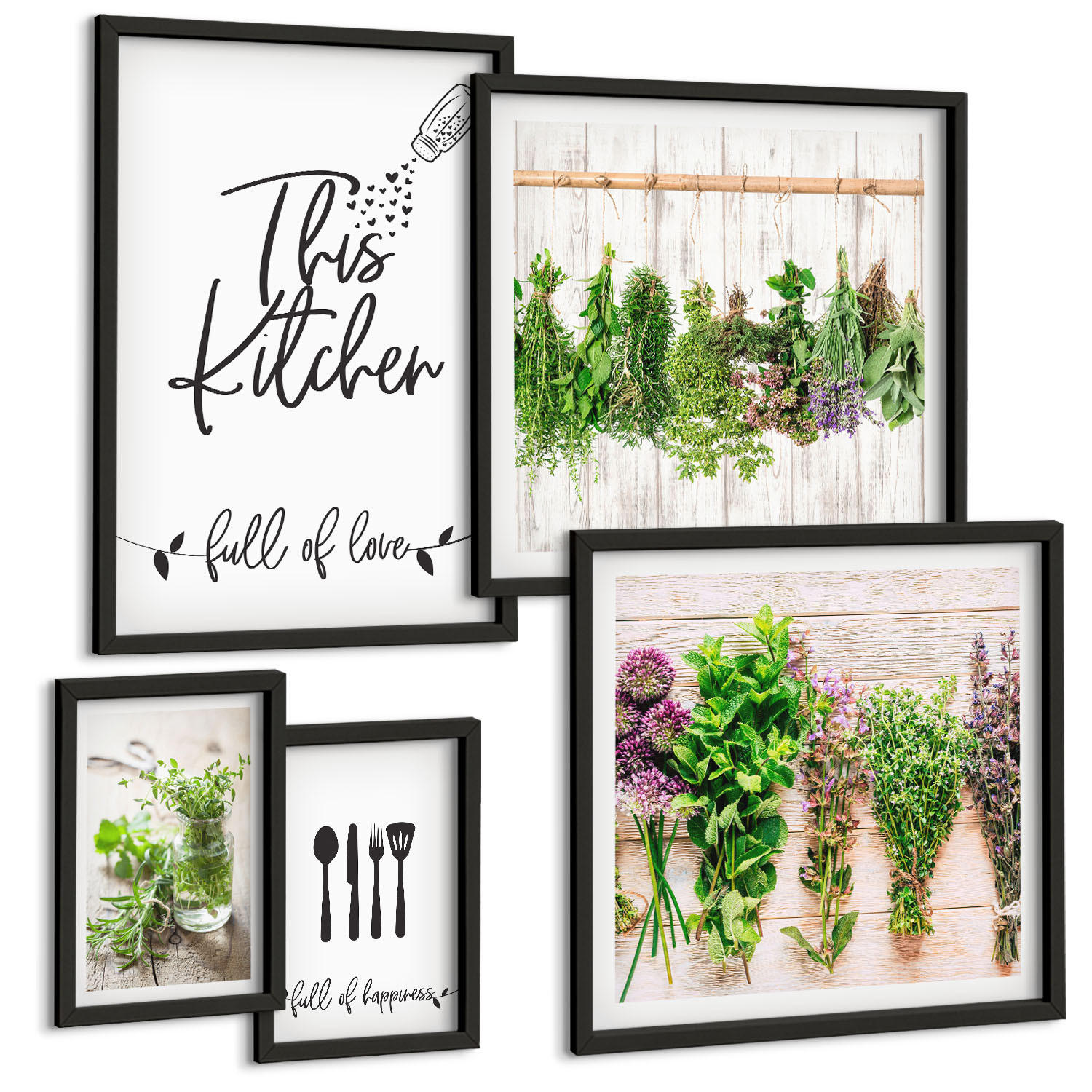 BILDER SET 5er Set - 50x50 cm & 20x30 cm & 40x60 cm Schwarzer Rahmen - Küchenthema: Getrocknete Kräuter - Schwarz, Kunststoff (40/60cm) - TULUP