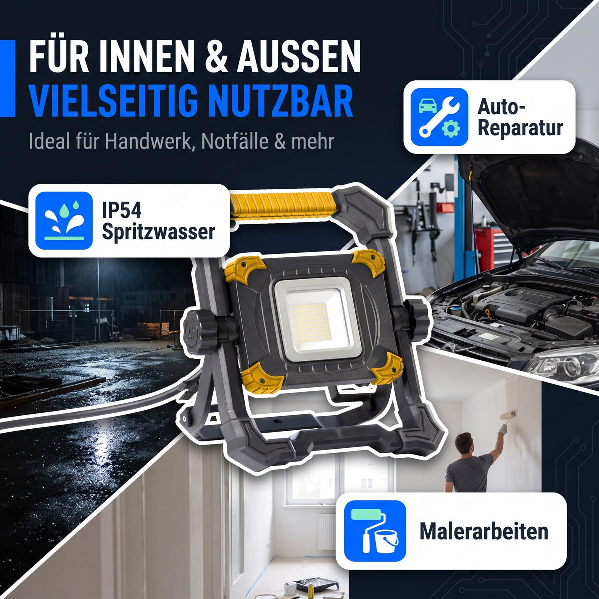 LED-BAUSTRAHLER - stufenlos dimmbar mit 5000K Lichtfarbe und 3m Kabel für Innen- und Außeneinsatz, 2er-Set - Weiß, Metall (10.5/27.5/32cm) - Northpoint