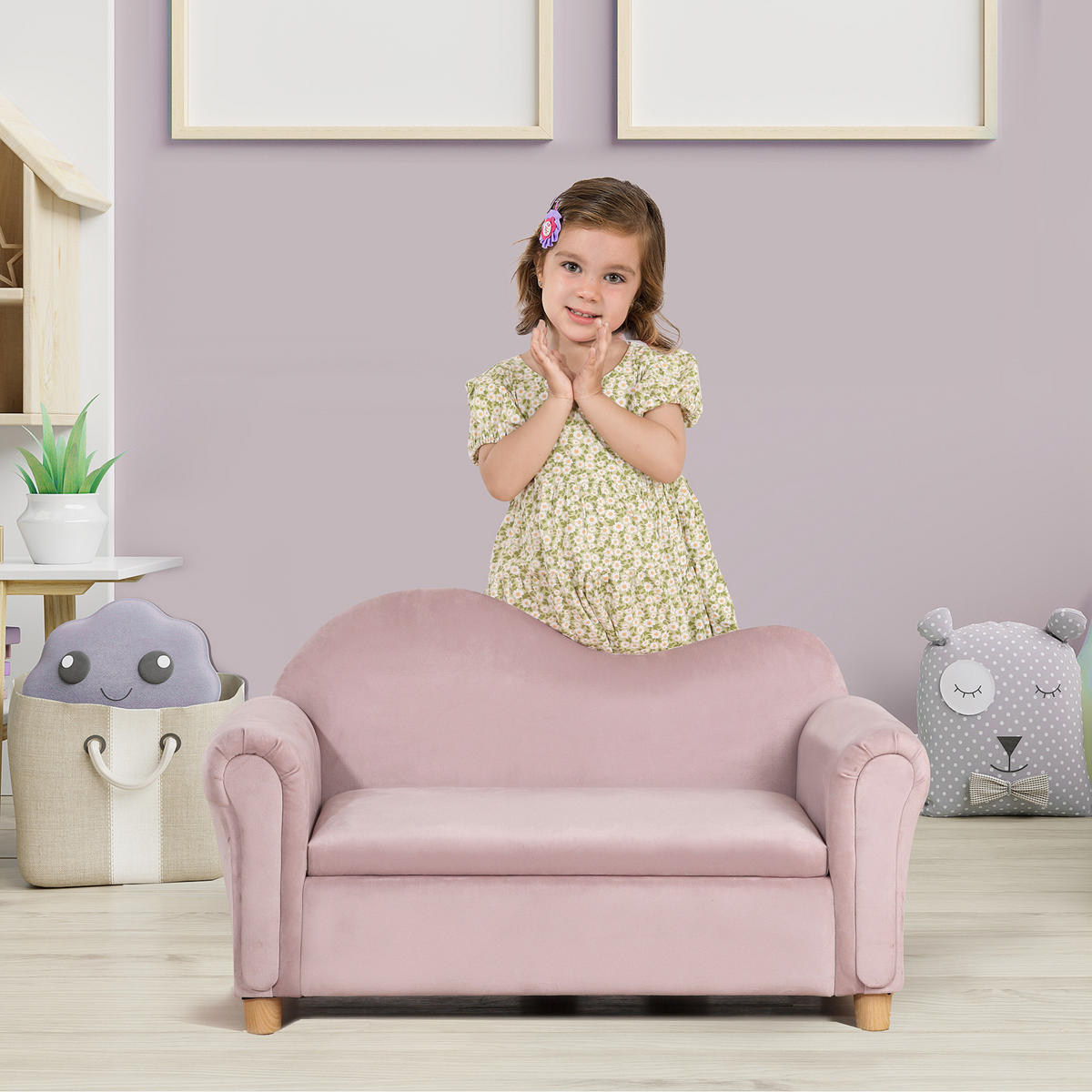KINDERSOFA Kindercouch mit Stauraum, Spielsofa, Zweisitzer für Kinder 3-5 Jahre - Rosa, Kunststoff (41.5/48.5/84cm) - HOMCOM