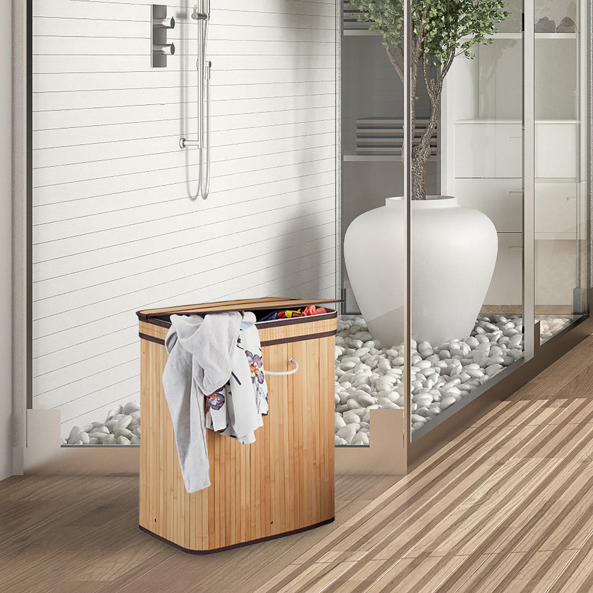 WÄSCHEKORB - Weiß, Holz/Textil (55/63/35cm) - Relaxdays
