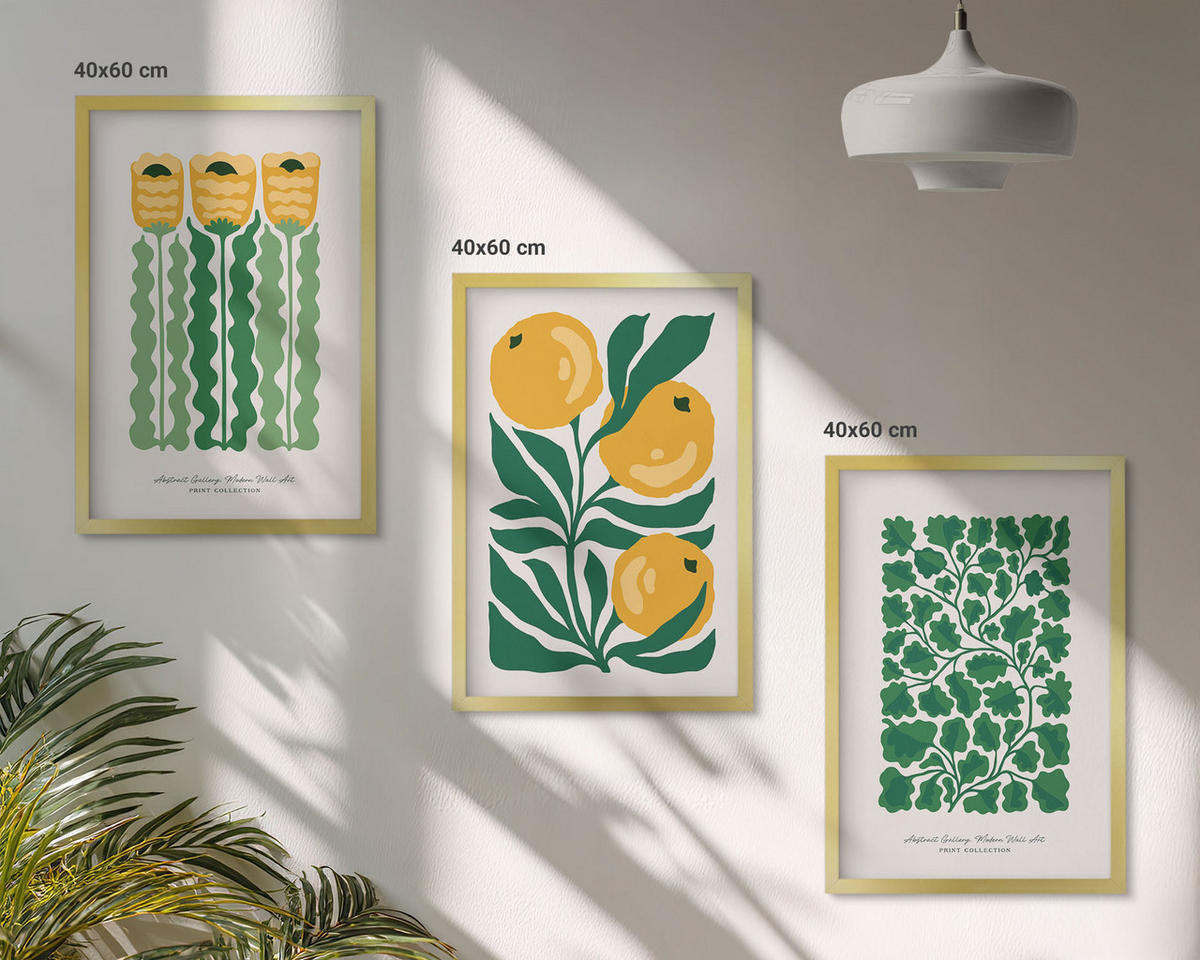 BILDER SET 3er Set - 40x60 cm Goldrahmen - Pflanzenmuster Blüten Blätter - Goldfarben, Kunststoff (40/60cm) - TULUP