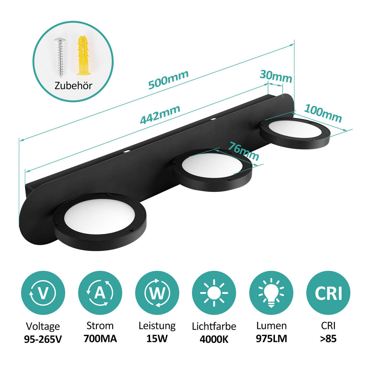 SPIEGELLEUCHTE LED Schwarz 50/13/7,5 cm - Schwarz, Kunststoff/Metall (7.5/50/13cm) - EMKE