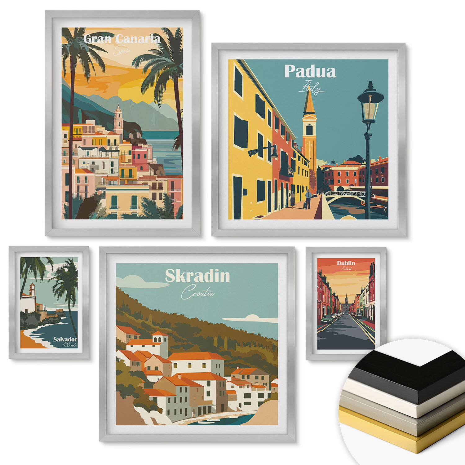 WANDBILDER 5er Set - 50x50 cm & 20x30 cm & 40x60 cm Silberner Rahmen - Retro-Stadtansichten Sedona Sintra - Silberfarben, Kunststoff (40/60cm) - ArtPrintCave
