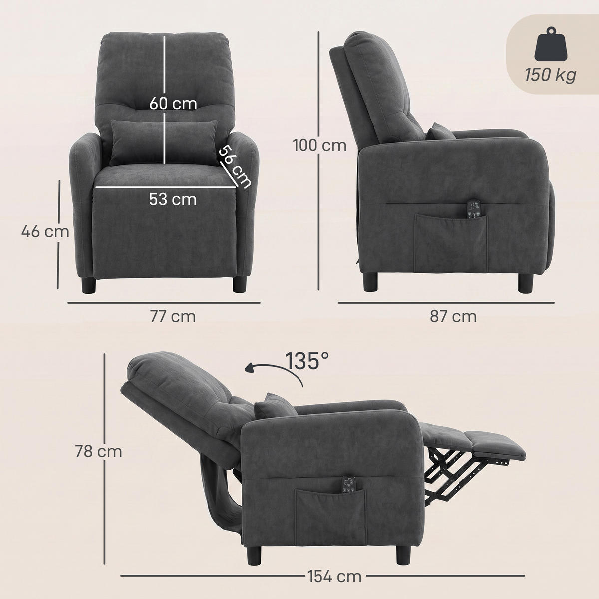 MASSAGESESSEL Polyester Dunkelgrau - Dunkelgrau/Schwarz, Holzwerkstoff/Kunststoff (87/100/77cm) - HOMCOM