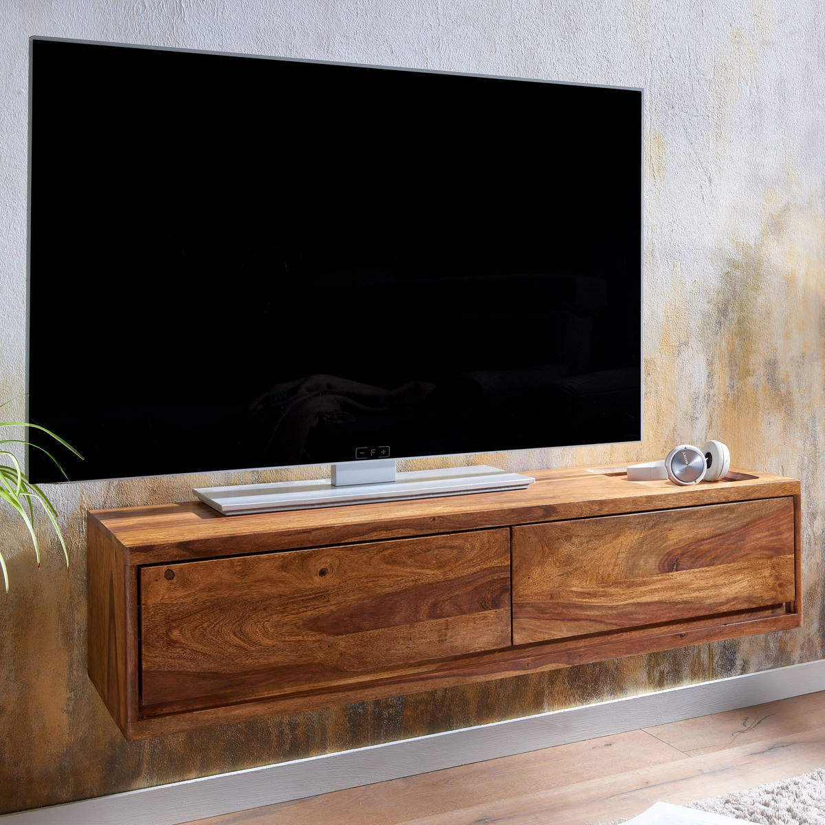 LOWBOARD Hängend Massivholz Modern Stil mit 2 Schubladen - Braun, Holz (108/25/34cm) - KADIMA DESIGN