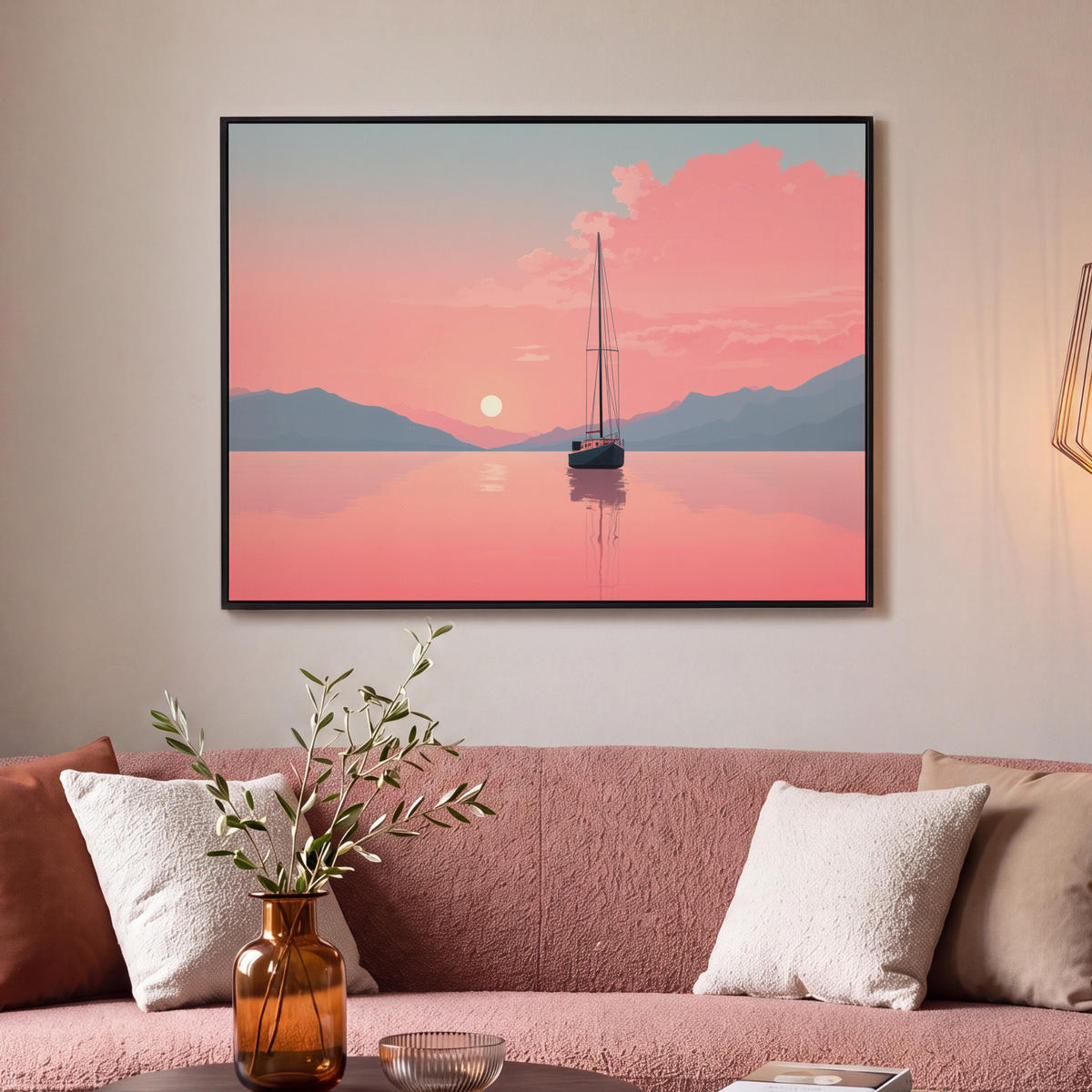 LEINWAND Bilder mit Rahmen - Segelboot - Rosa Meer - Sonnenuntergang - Berge - 100x70 - Rosa, Textil (100/70cm) - OnlyWow