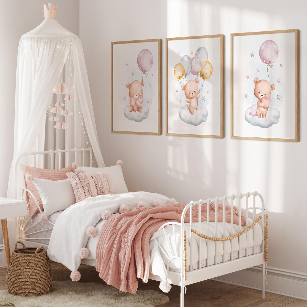 SADA PLAGÁTOV Do Detskej Izby Mackovia Oblaky Balóny Hviezdy 3x Plagát A3 30 x 42 cm - oranžová/hnedá, papier (30/42/1cm) - Muralo