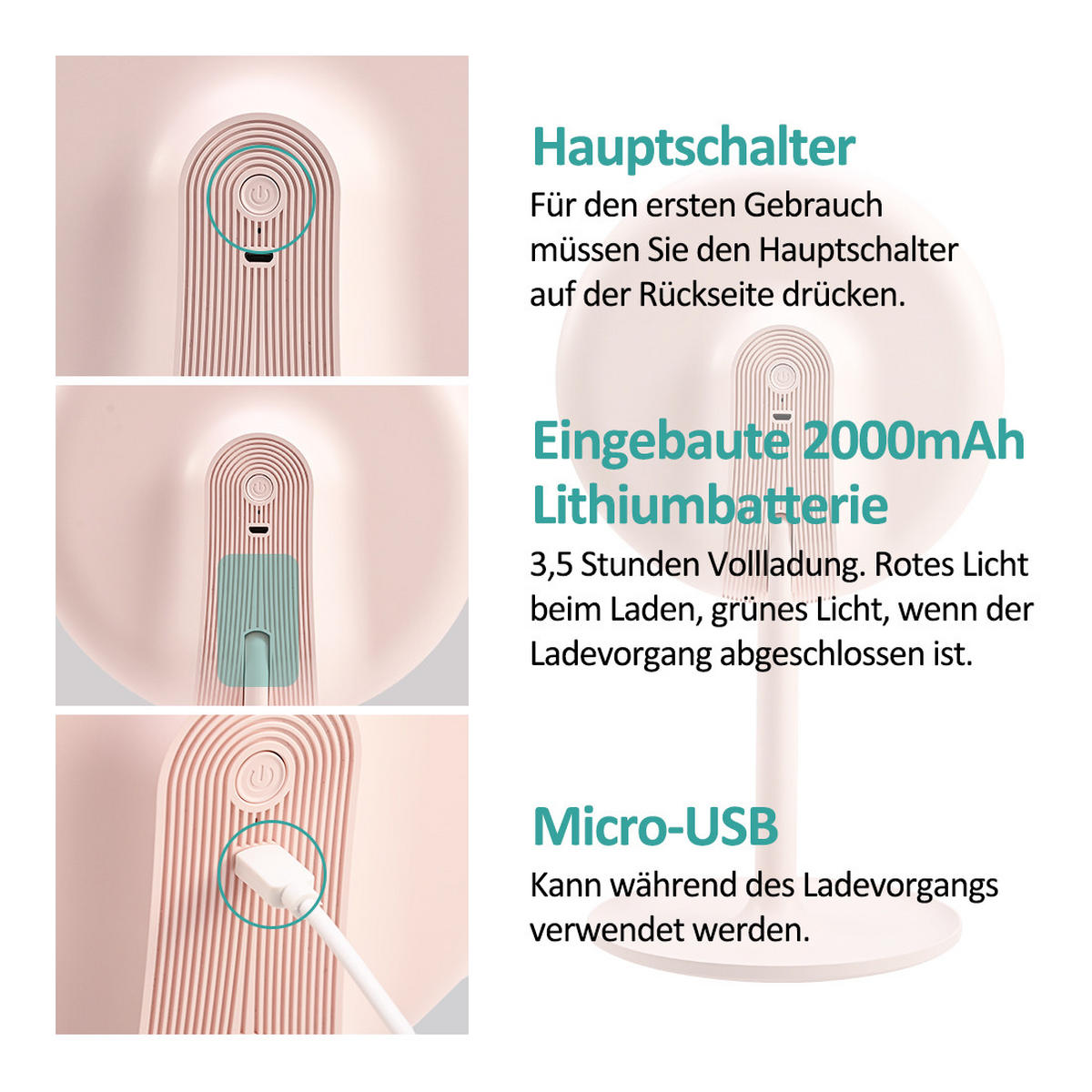 KOSMETIKSPIEGEL mit Licht mit Abnehmbare Saugnapfes, Rosa, φ20 cm - Pink, Glas (20/35/20cm) - EMKE