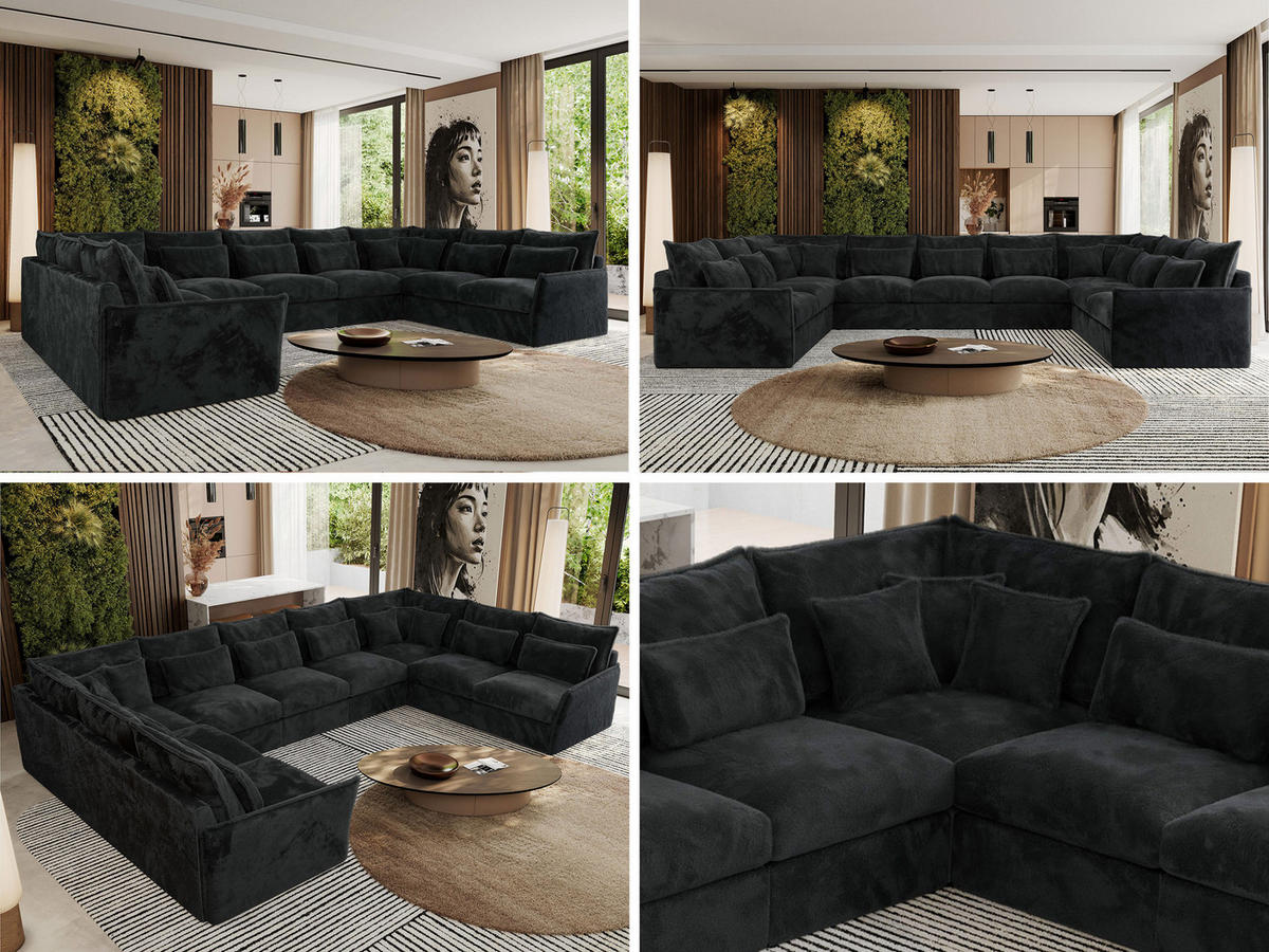 WOHNLANDSCHAFT VERSO U 9M Dunkelgrau Plüsch - Dunkelgrau/Schwarz, Kunststoff/Textil (442/93/270cm) - MKS