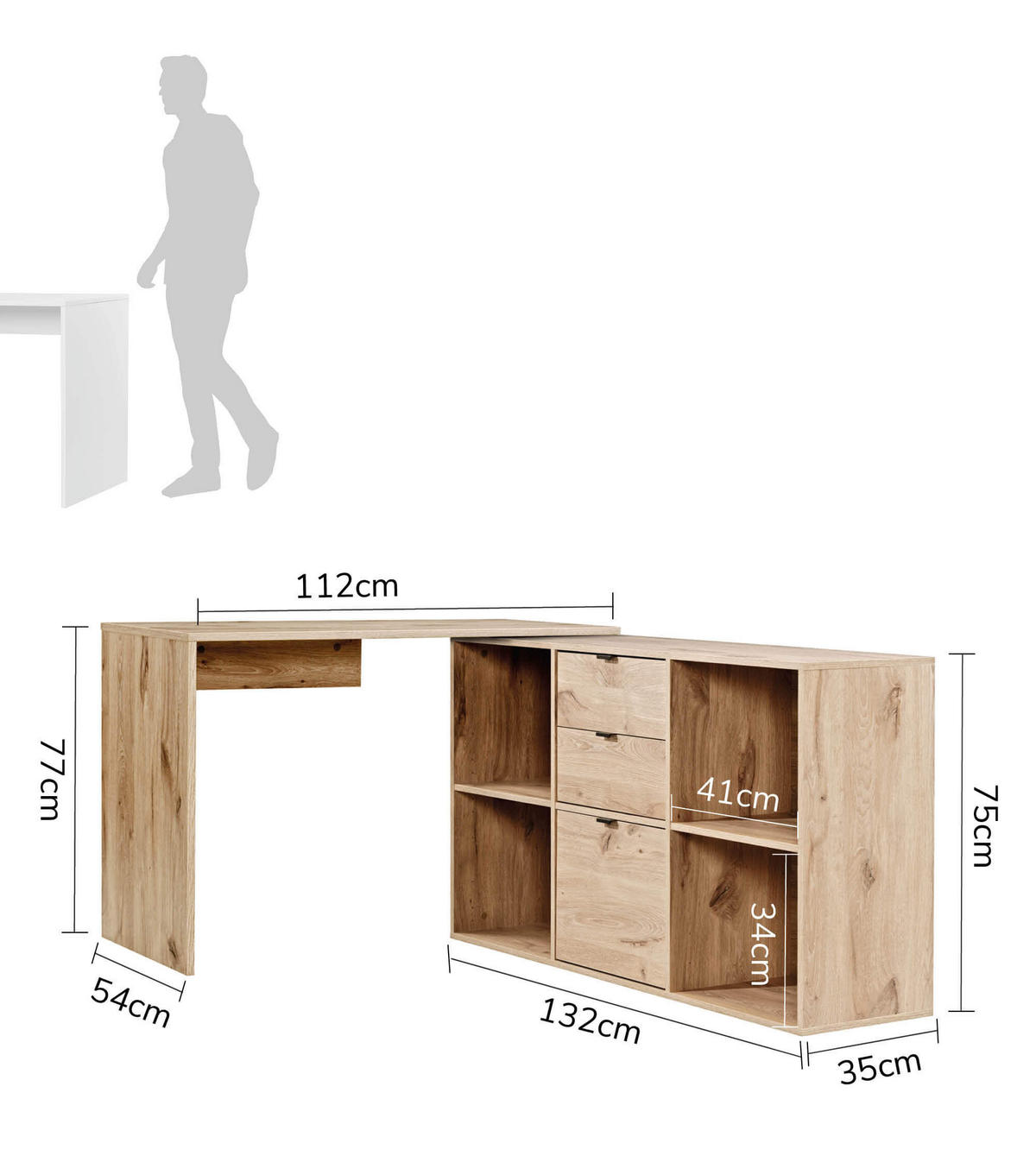 ECKSCHREIBTISCH Der Produktive - Eichefarben, Holzwerkstoff (54/112/77cm) - Mokebo