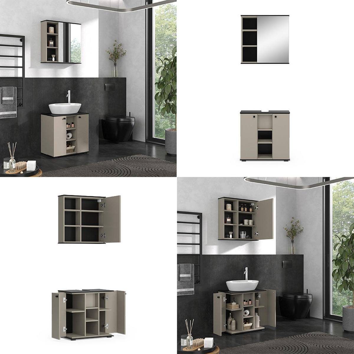 BADMÖBEL-SET Joli Greige 2 Teile - Greige/Schwarz, Holzwerkstoff (60/59/37cm) - Vicco