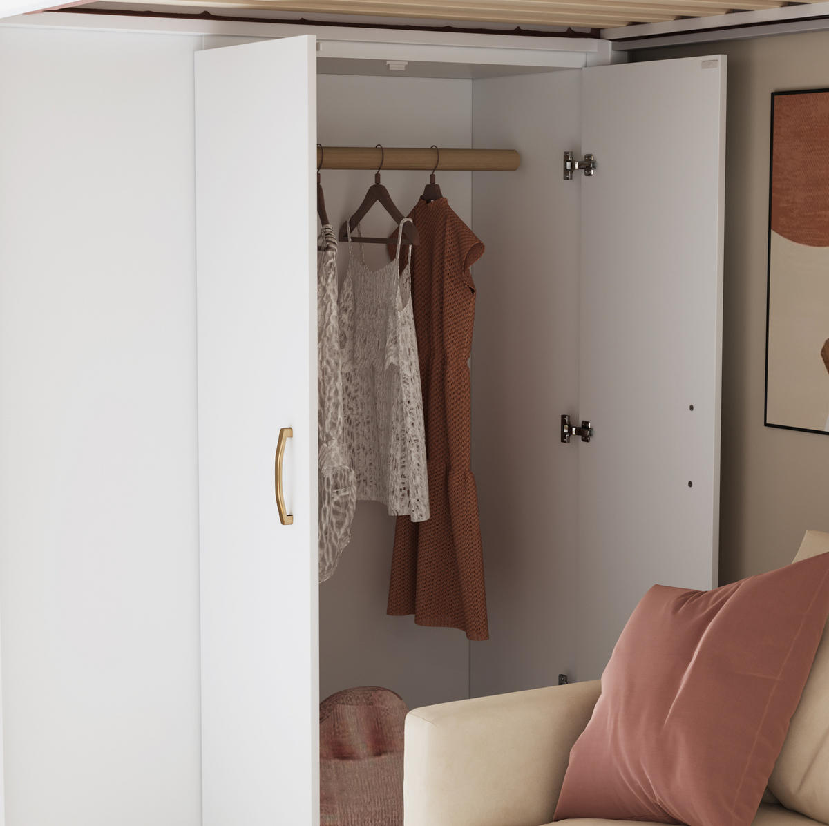 HOCHBETT 90/200 cm in Weiß mit Kleiderschrank, Regalen und Stauraumleiter - Weiß, Holzwerkstoff (90/200cm) - Flora Grace