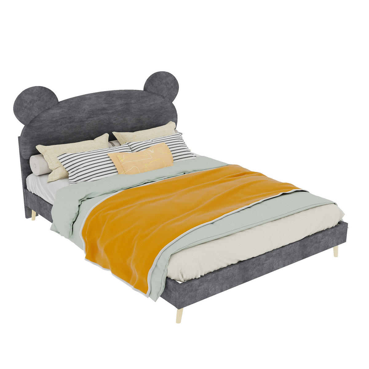 KINDERBETT 140/200 cm mit Polsterkopfteil in Bärenohr-Optik und Taschenfederkernmatratze, Grau - Grau, Textil (140/200cm) - Redom