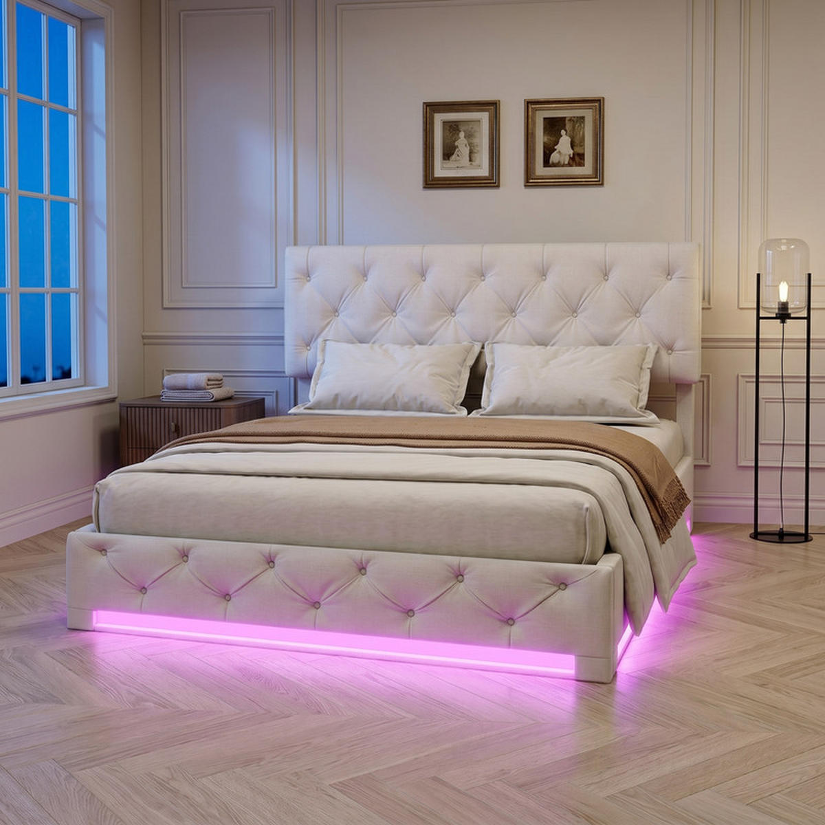 ČALÚNENÁ posteľ 160/200 cm béžová s úložným priestorom a LED osvetlením - béžová, drevo - SHOPENTRA