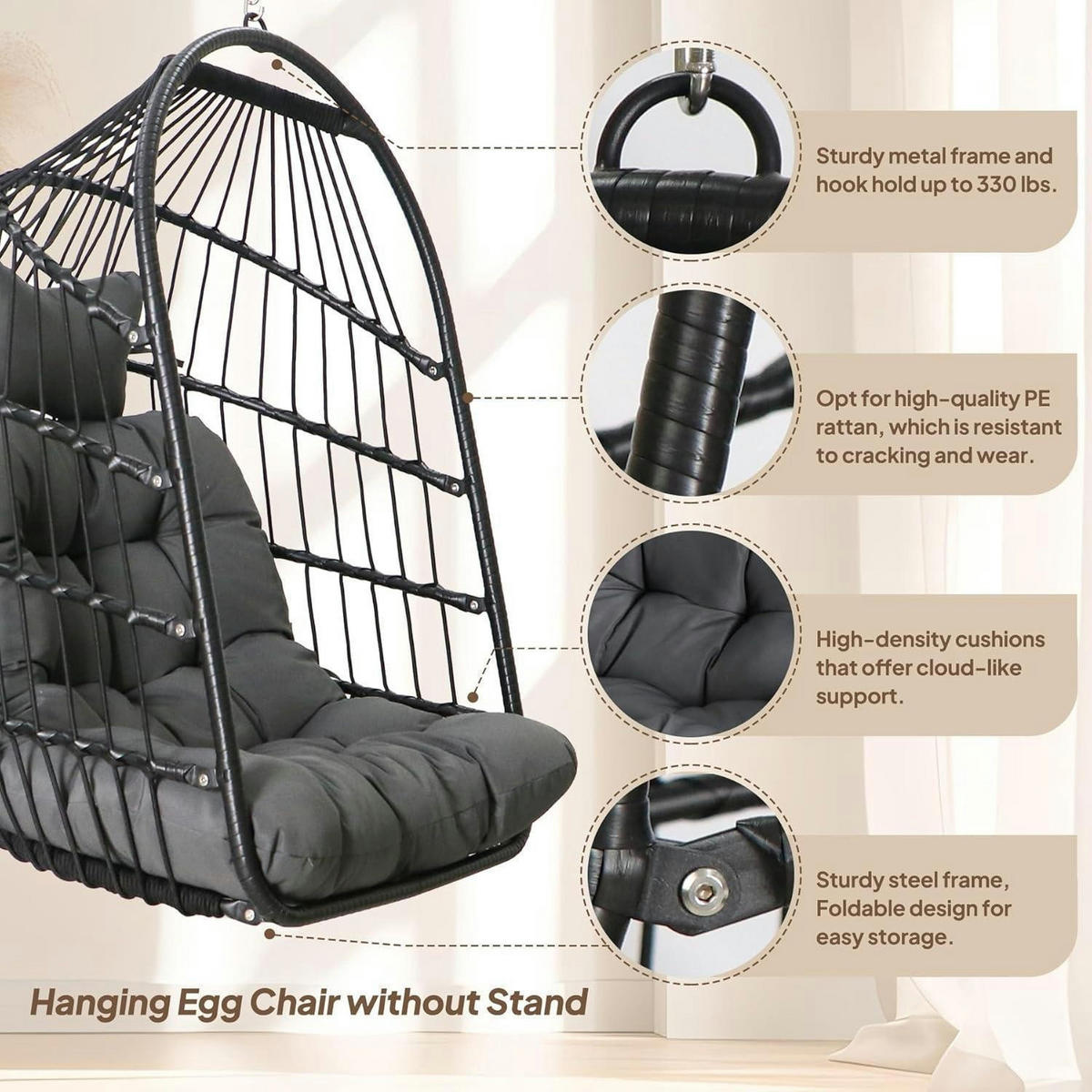 HÄNGESESSEL Rattan Korb mit Aufhängeset Schwarz - Grau, Kunststoff (73/1.5/108cm)