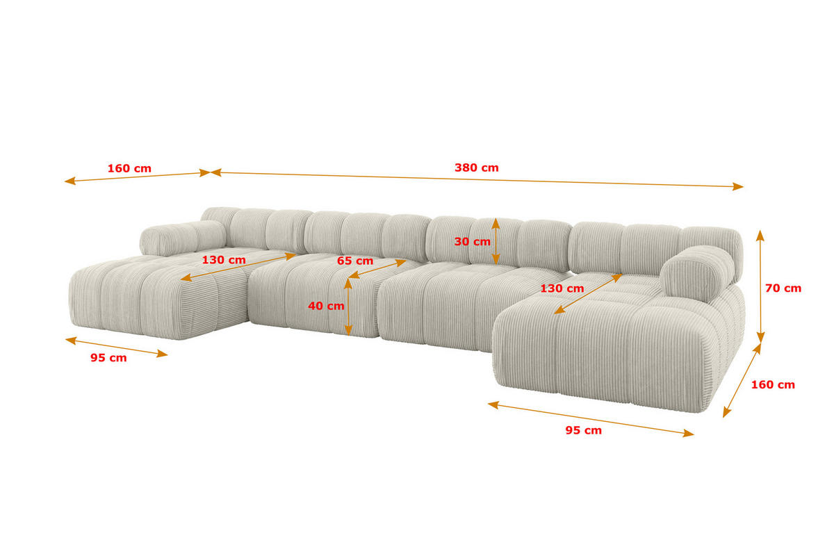 WOHNLANDSCHAFT modulares Sofa Tesso-U2 - 380x160x70 cm Hellgrau Cord - Hellgrau, Holzwerkstoff/Textil (380/70/160cm) - ALTDECOR