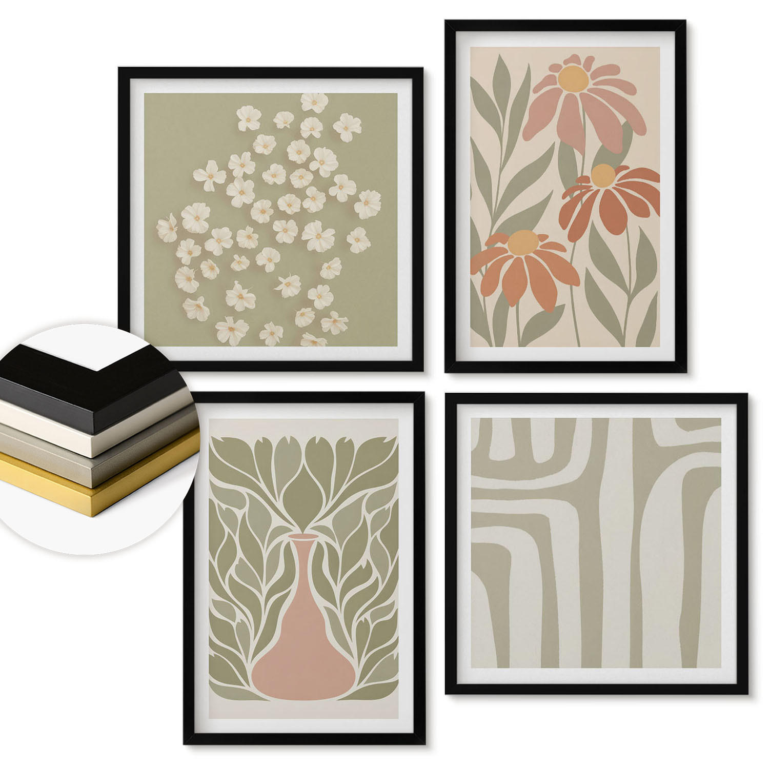 WANDBILDER 4er-Set - 50x50 cm & 40x60 cm Schwarzer Rahmen - Floraler minimalistischer Boho-Stil - Schwarz, Kunststoff (50/50cm) - ArtPrintCave
