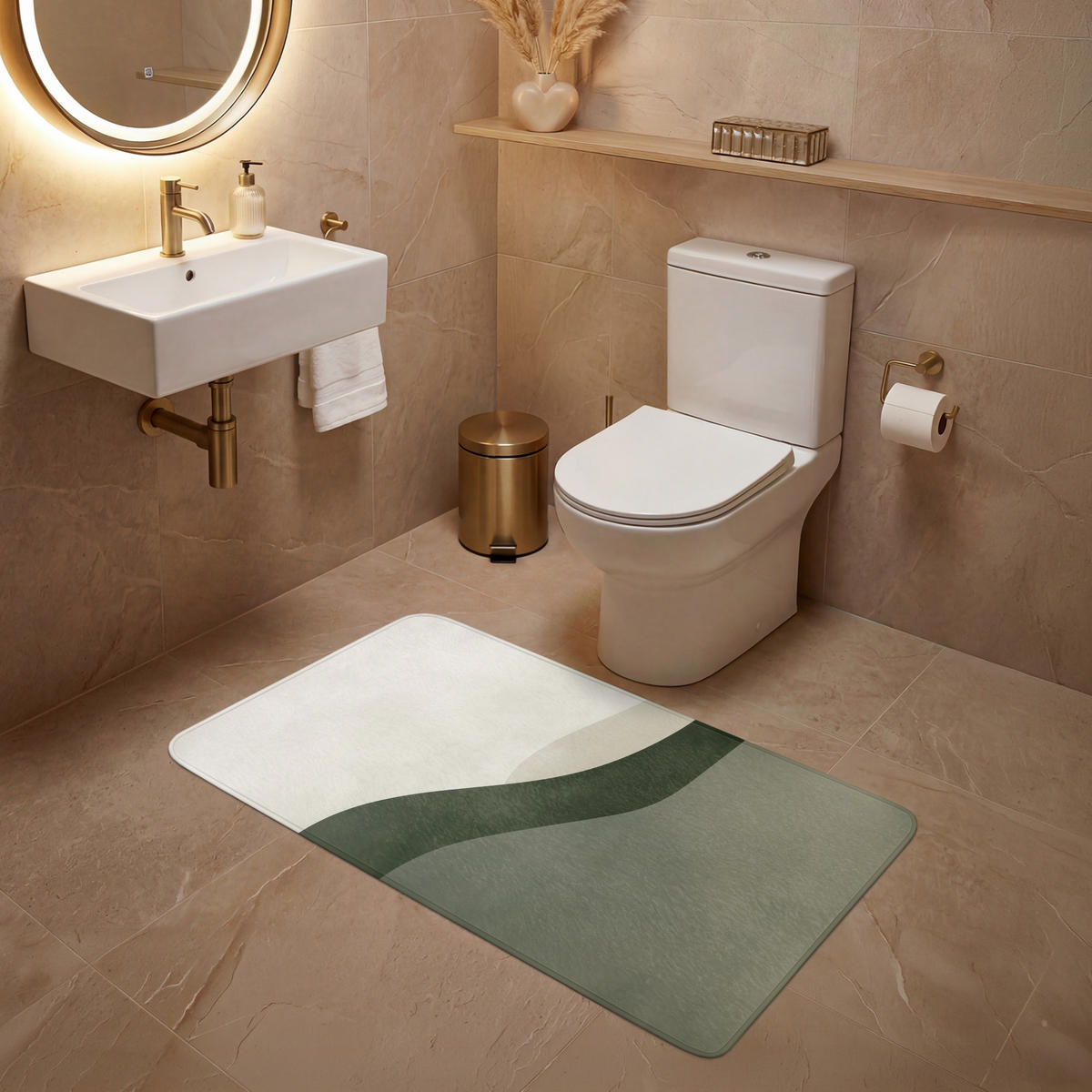 WC-VORLEGER Japandi - Grün - Abstrakt - Modern WC Teppich 120x60 cm - Grün, Kunststoff/Textil (120/60cm) - OnlyWow