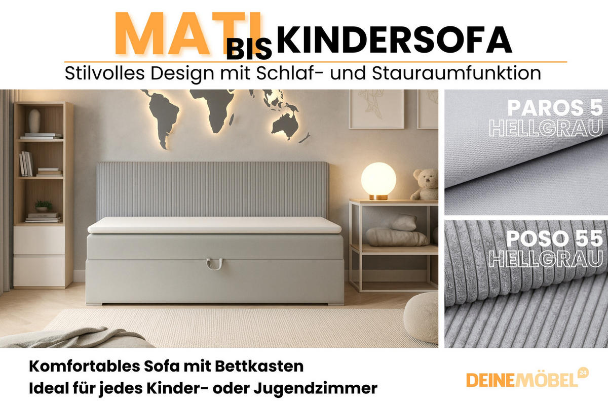 BOXBETT MATI BIS 90/200 Hellgrau mit Taschen-Federkernmatratze H4 - Hellgrau, Holz/Holzwerkstoff (90/200cm) - Deine Möbel 24