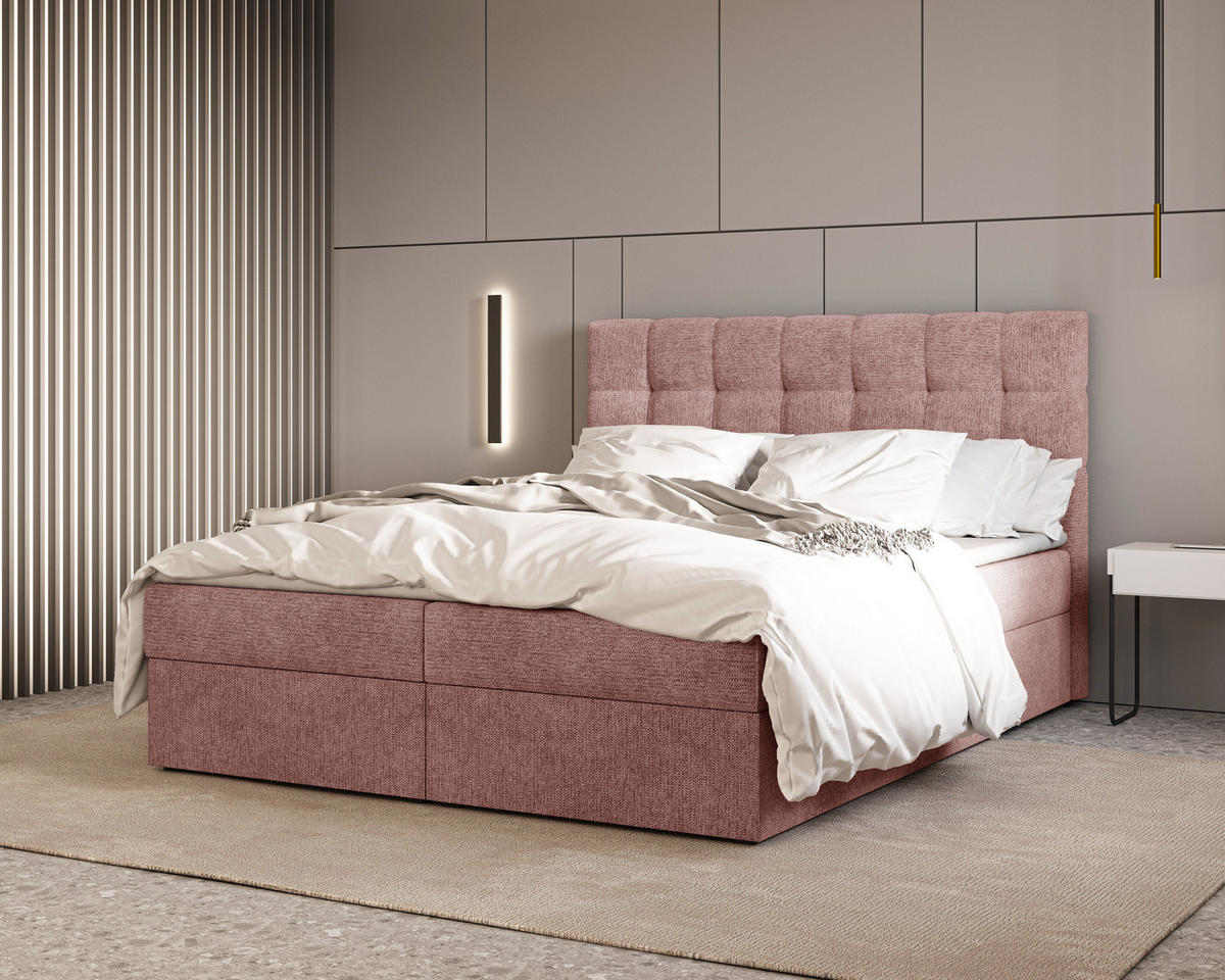 BOXBETT - Bett 05 OSLO - Aragon - 140x200 cm - mit Bettkasten und Komfort-Topper - Rosa, Holz (140/200cm) - ROYAL24_MARKT