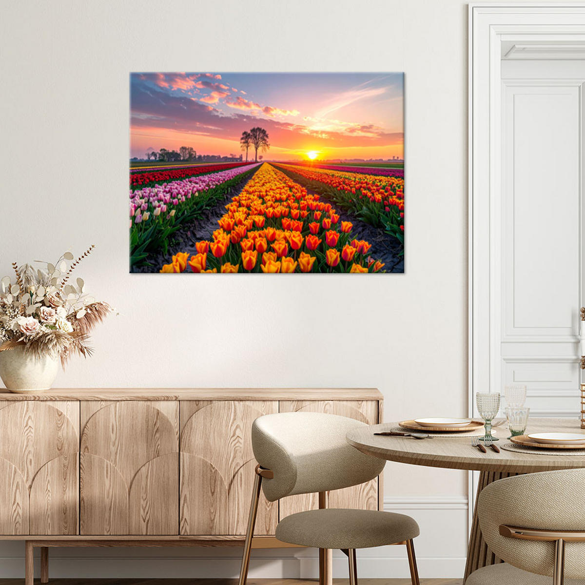 LEINWANDBILD Tulpen Blumen Wiese Aussicht 90x60cm - Multicolor, Textil (90/60cm) - Feeby