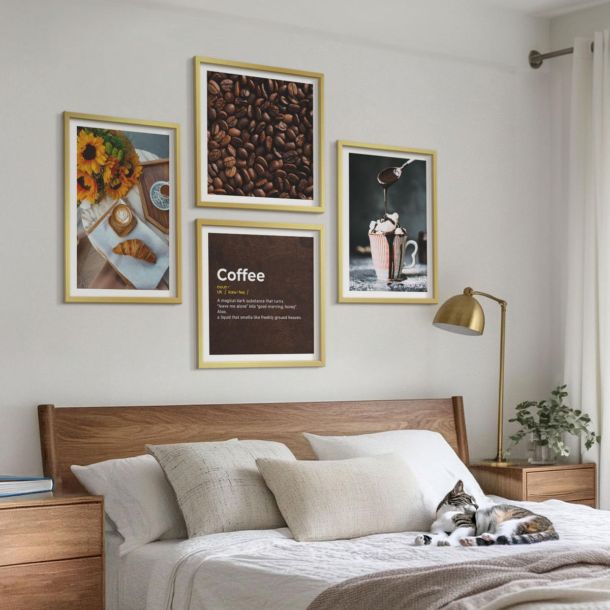 WANDBILDER 4er Set - 50x50 cm & 40x60 cm Goldrahmen - Italienische Frühstückskaffeebohnen - Goldfarben, Kunststoff (50/50cm) - ArtPrintCave