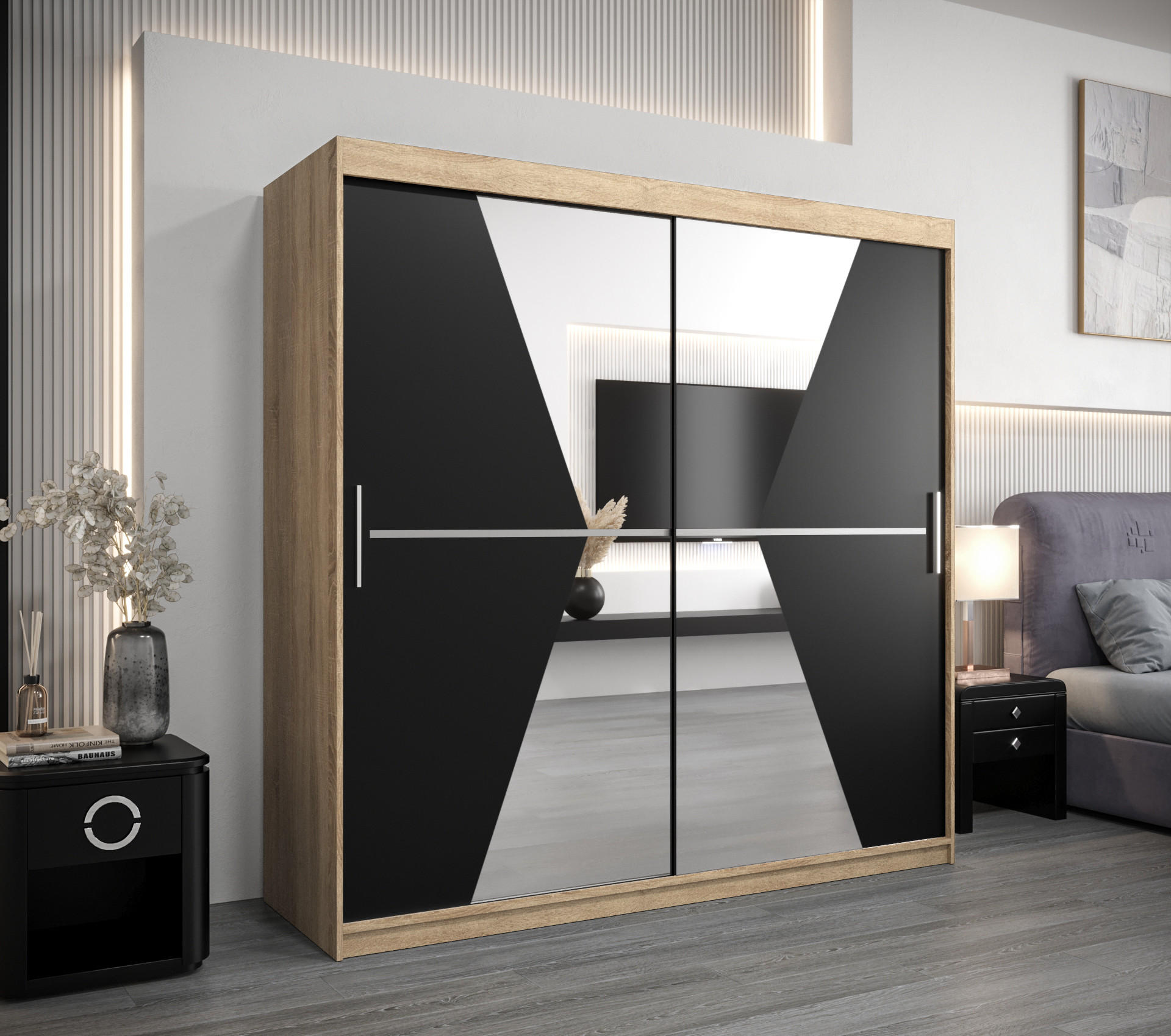 SCHWEBETÜRENSCHRANK 200/200/62 2-türig - Silberfarben/Schwarz, Holz/Kunststoff (200/200/62cm) - Abiks Möbel