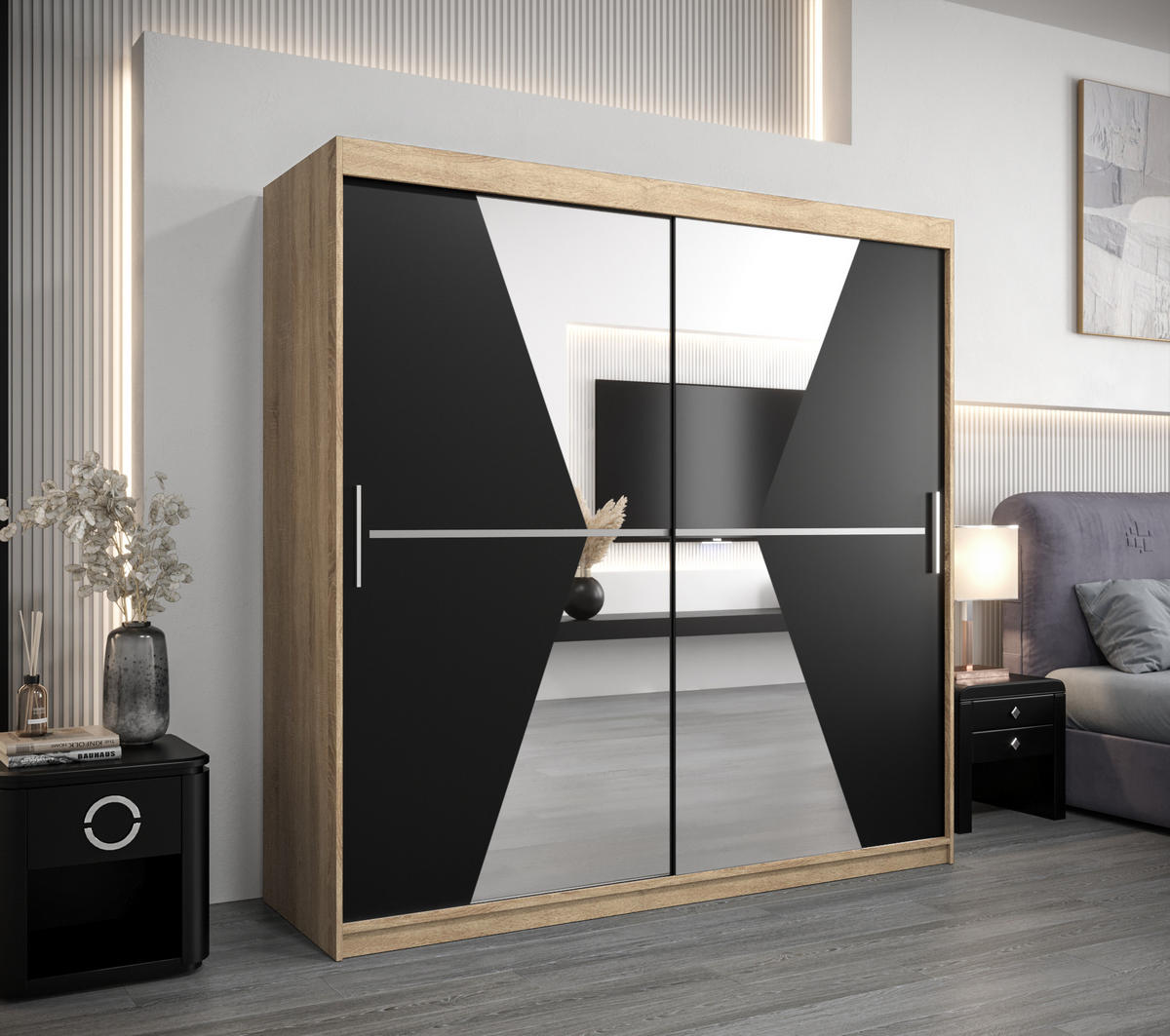 SCHWEBETÜRENSCHRANK 200/200/62 2-türig - Silberfarben/Schwarz, Holz/Kunststoff (200/200/62cm) - Abiks Möbel