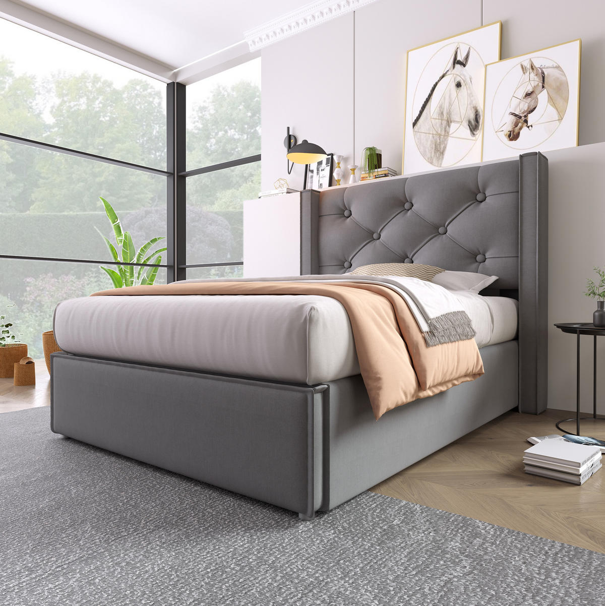 POLSTERBETT mit Bettkasten 90/200 cm in Grau mit gepolstertem Kopfteil - Grau, Textil (90/200cm) - BEAOK