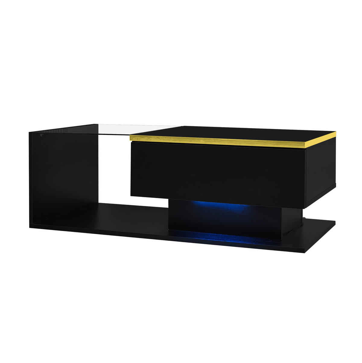 COUCHTISCH mit Ablage 90/50 cm mit LED-Beleuchtung und Glasplatte in Schwarz - Schwarz, Holzwerkstoff (90/50/32.5cm) - BEAOK