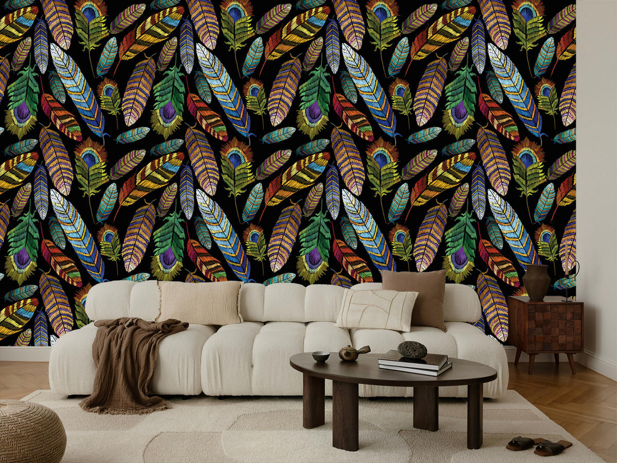 VLIESTAPETE Tropische Federn – Bunt, Schwarz – 50x1000 cm - Multicolor/Schwarz, Papier (50/1000cm) - Muralo