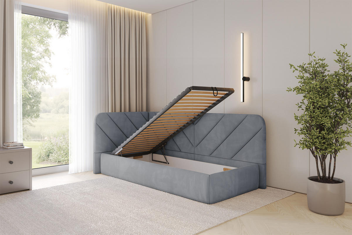 EINZELLBETT Jugendbett mit Bettkasten und Matratze H3/H4, Rechts - FIKY 80x200 Grau - Blaugrau, Holzwerkstoff/Textil (80/200cm) - ALTDECOR