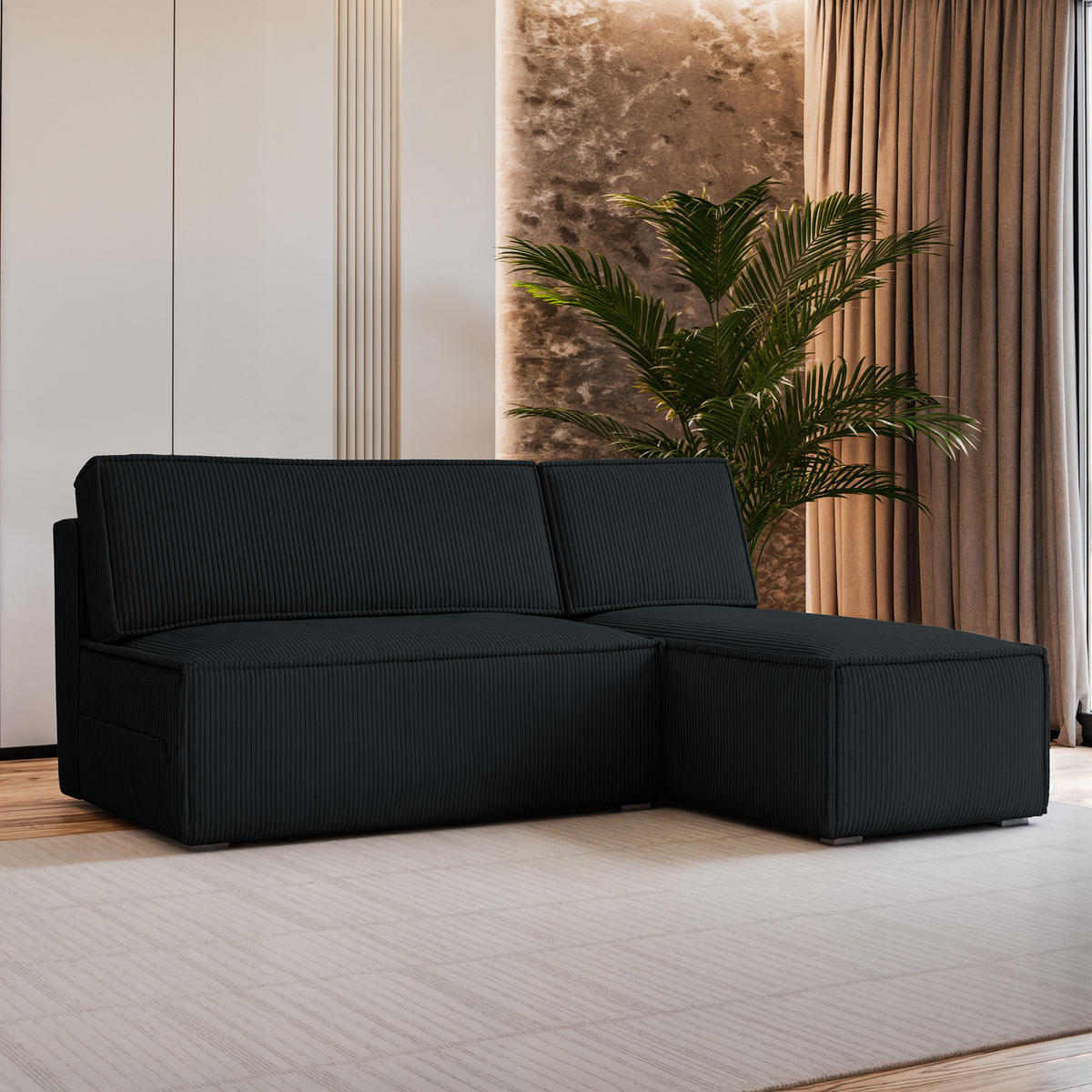 ECKSOFA BRISO P Schwarz Kordstoff mit Schlaffunktion - Schwarz, Holz (200/140cm) - MASSENO