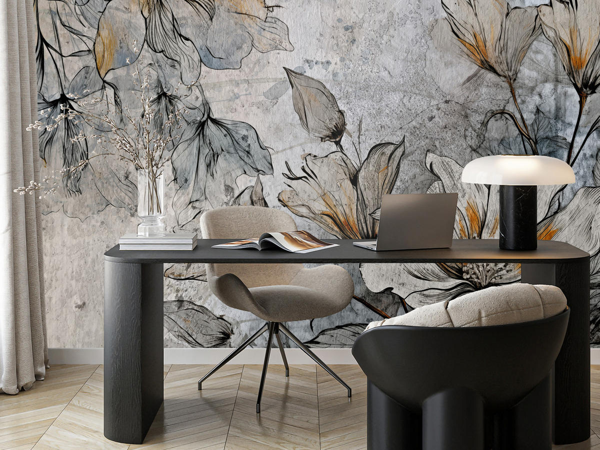 FOTOTAPETE für Büro Blumen Blätter Betongrund Vintage Pflanzen 350x256 - Grau, Papier (350/256cm) - Muralo