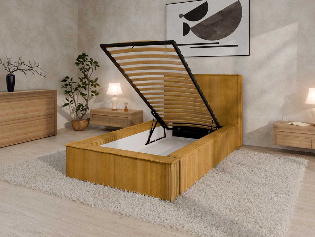 POLSTERBETT SANA 90x200cm Elegantes Polsterbett für modernen Wohnstil , Taschenfederkernmatratze mit kokos KORNOS (20cm), Currygelb - Currygelb, Holz (90/200cm) - Panda Möbel