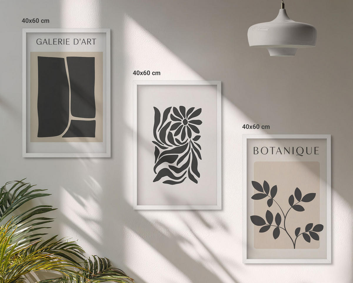 WANDBILDER 3er-Set - 40x60 cm Weißer Rahmen - Abstrakte Pflanzenmuster - Weiß, Kunststoff (40/60cm) - ArtPrintCave