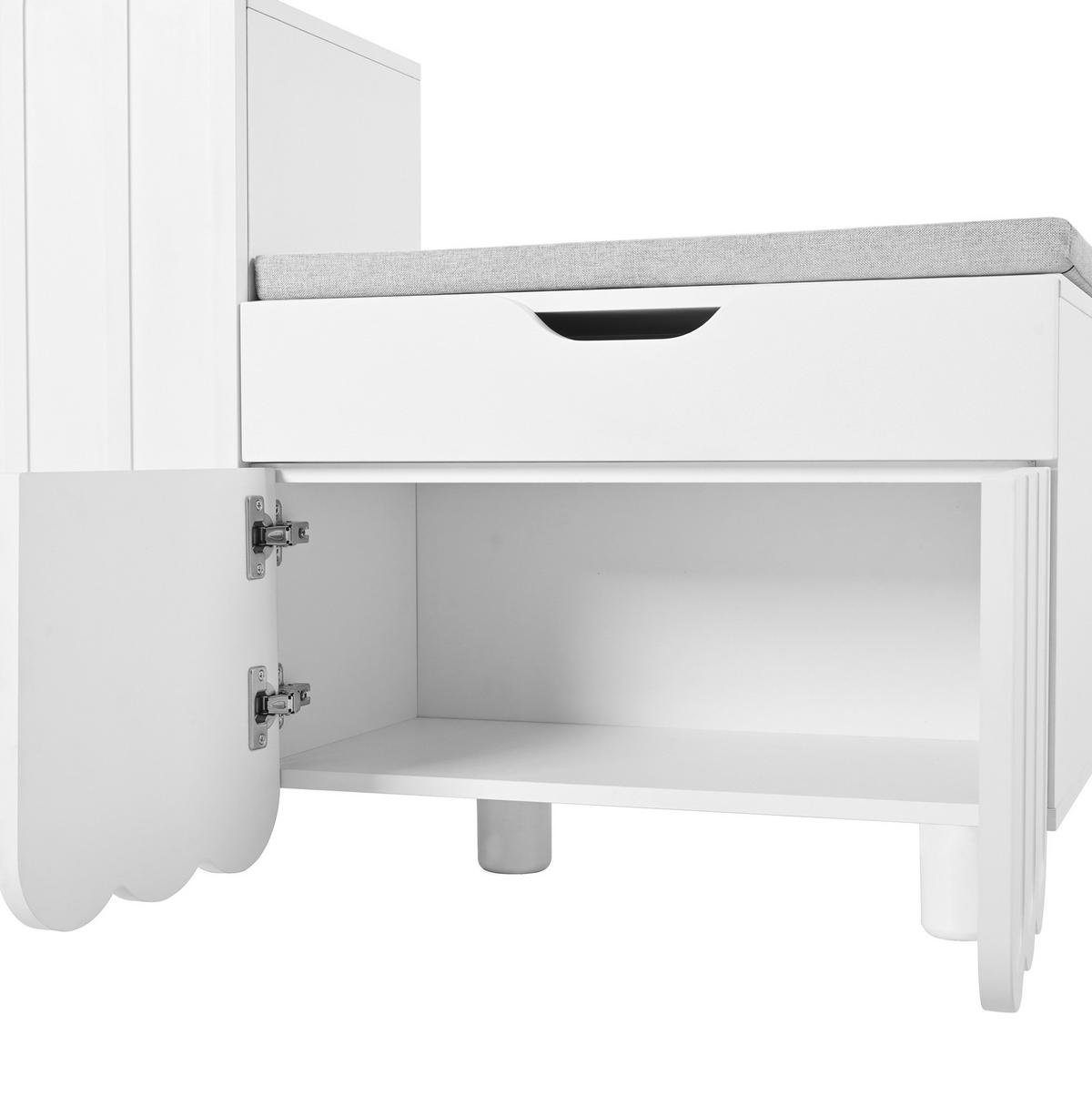 SCHUHBANK 90/35/74,5 cm in Weiß mit 3 Türen, Schublade und Sitzpolster - Weiß, Holzwerkstoff (90/74.5/35cm) - BEAOK