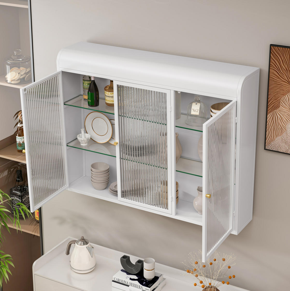 KÜCHENOBERSCHRANK 90x70 cm Weiß aus Glas & Metall Mit 3 Türen & 28kg Tragkraft - Weiß, Glas (90/70/19.5cm) - Modfu