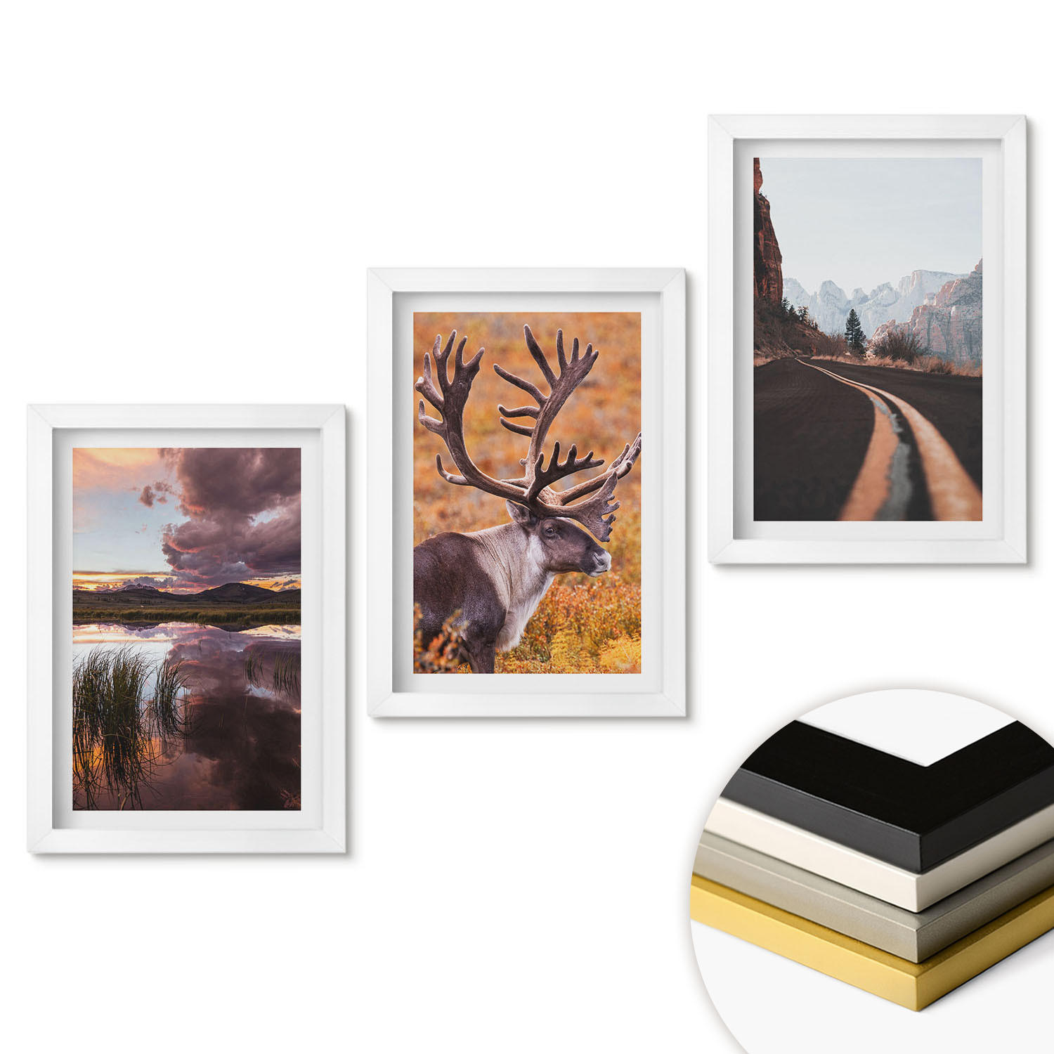 WANDBILDER 3er-Set - 20x30 cm Weißer Rahmen - Berglandschaften mit Rentieren - Weiß, Kunststoff (20/30cm) - ArtPrintCave