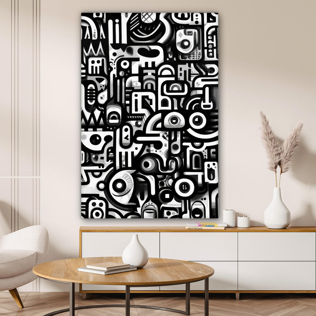 LEINWANDBILD Symbole - Abstrakt - Grafik - Schwarz Deko XXL 80x120 cm - Schwarz, Textil (80/120cm) - MuchoWow