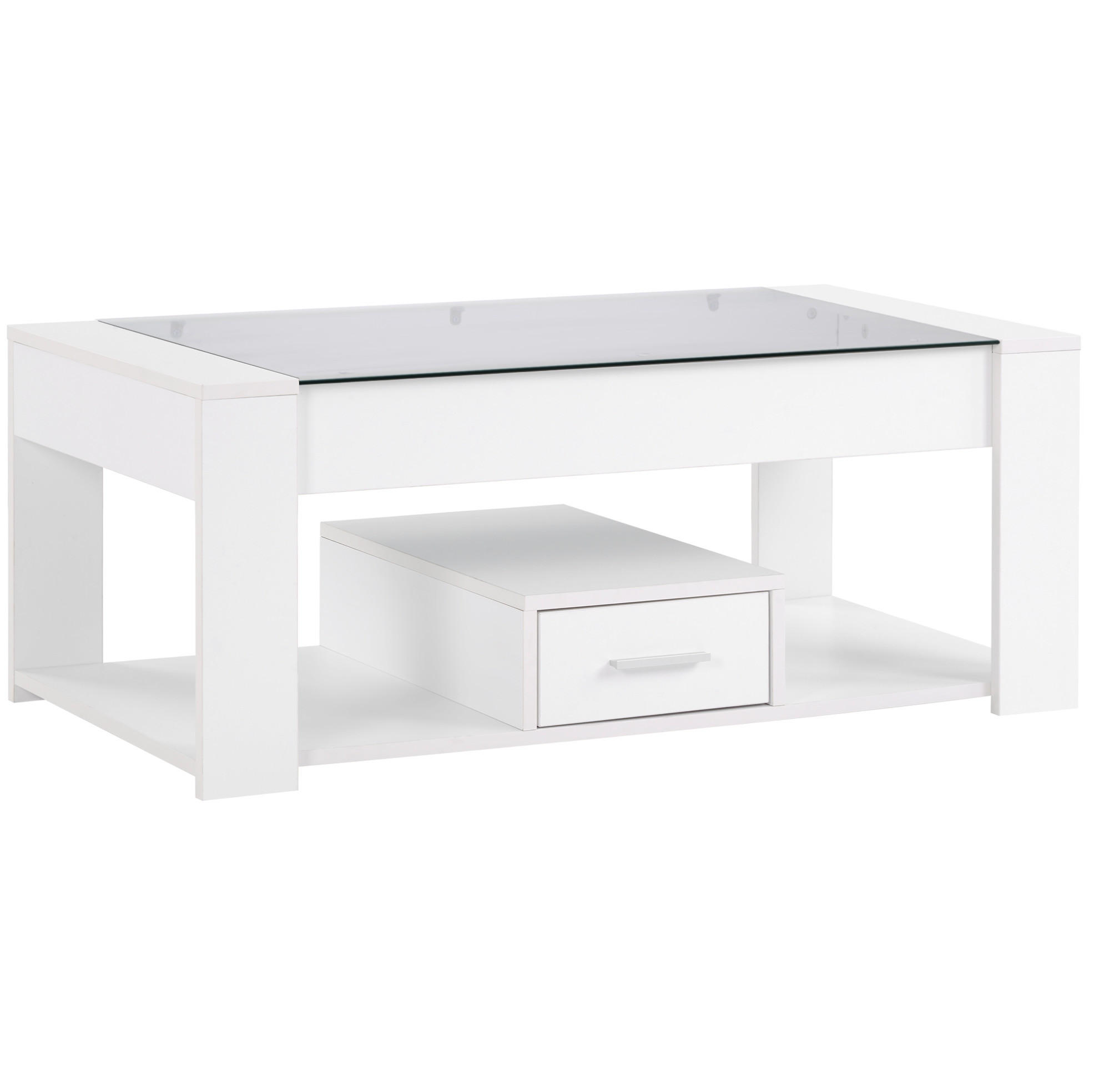 COUCHTISCH, weiße Glasplatte, Spanplatte, 2 Schubladen & offenes Fach, 100/50/40 cm,weiß - Weiß, Holzwerkstoff (100/50/40cm) - Redom