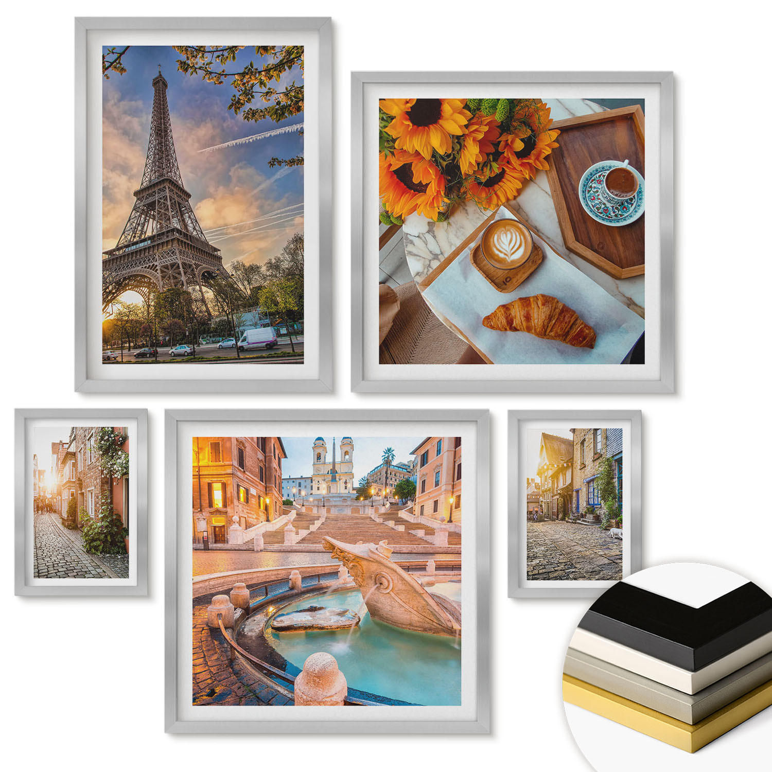WANDBILDER 5er Set - 50x50 cm & 20x30 cm & 40x60 cm Silberner Rahmen - Charmante Straßen mit Kaffee - Silberfarben, Kunststoff (40/60cm) - ArtPrintCave