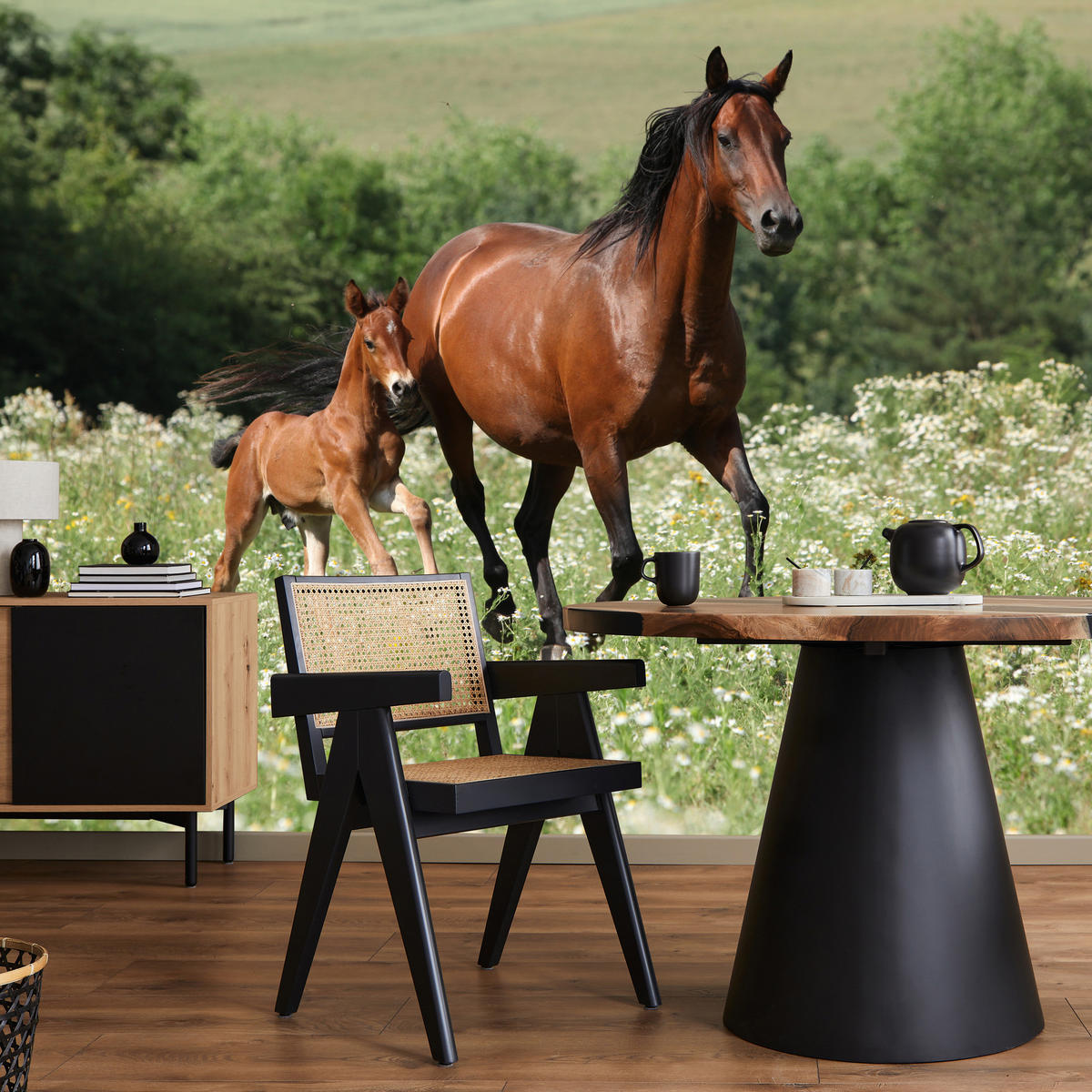 FOTOTAPETE Pferde Lichtung Pflanzen Natur 200x140 - Beige/Schwarz, Papier (200/140cm) - Muralo