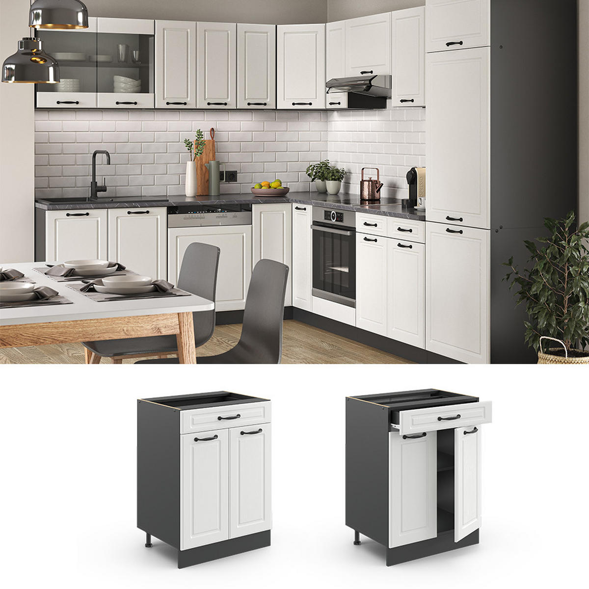 KÜCHENUNTERSCHRANK R-Line Weiß Landhaus 80 cm, AP Marmor - Anthrazit/Creme, Holzwerkstoff (60/81.6/60cm) - Vicco