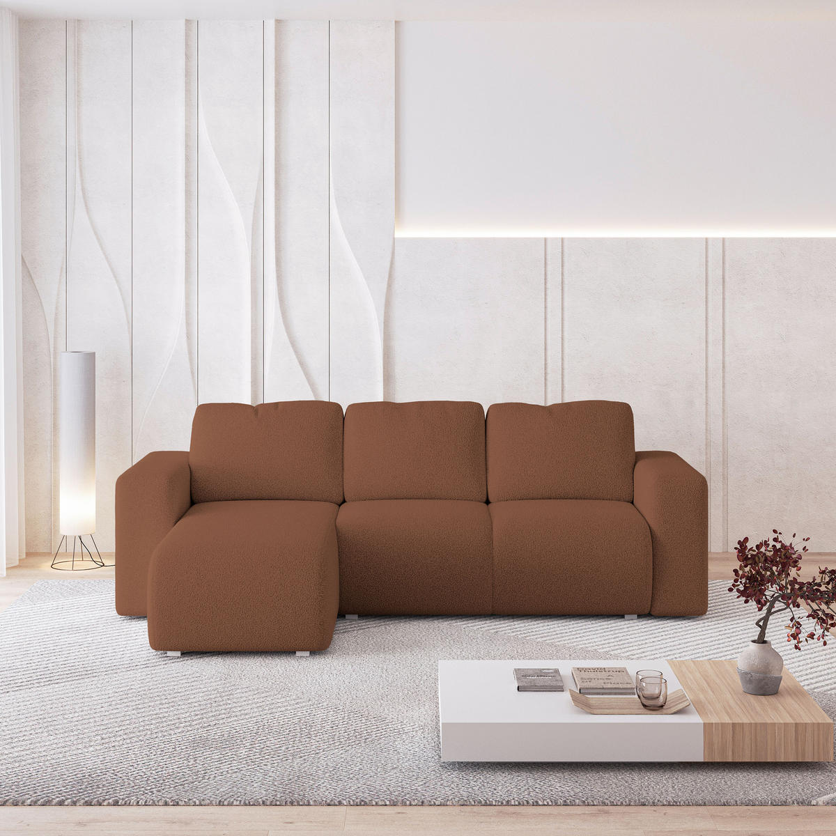 ECKSOFA RINOVA Kupferfarben Boucle-Stoff mit Schlaffunktion - Kupferfarben, Holz (250/143cm) - MASSENO