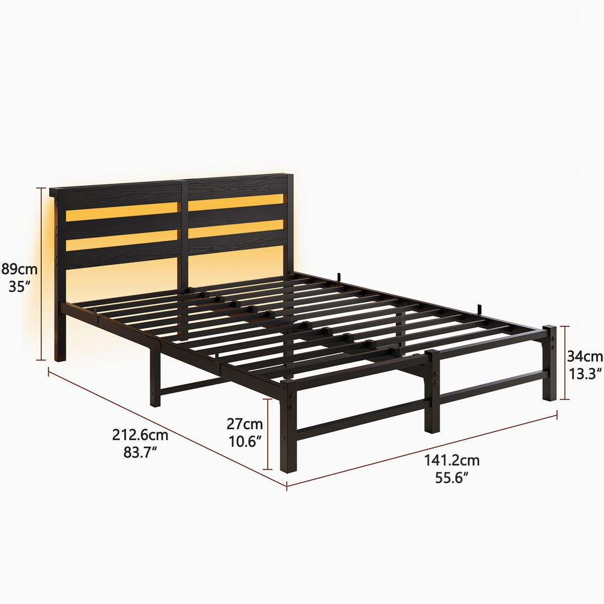 METALLBETT 140/200 cm Schwarz mit LED-Beleuchtung, USB-Ladestation und Stauraum unter dem Bett - Schwarz, Metall (140/200cm) - Oxeza