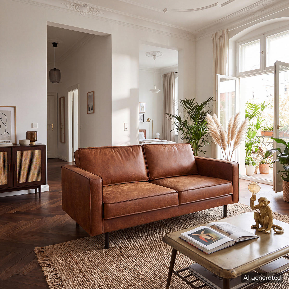 2-SITZER SOFA - Cognac/Schwarz, Leder/Textil (164/81/96cm) - home24